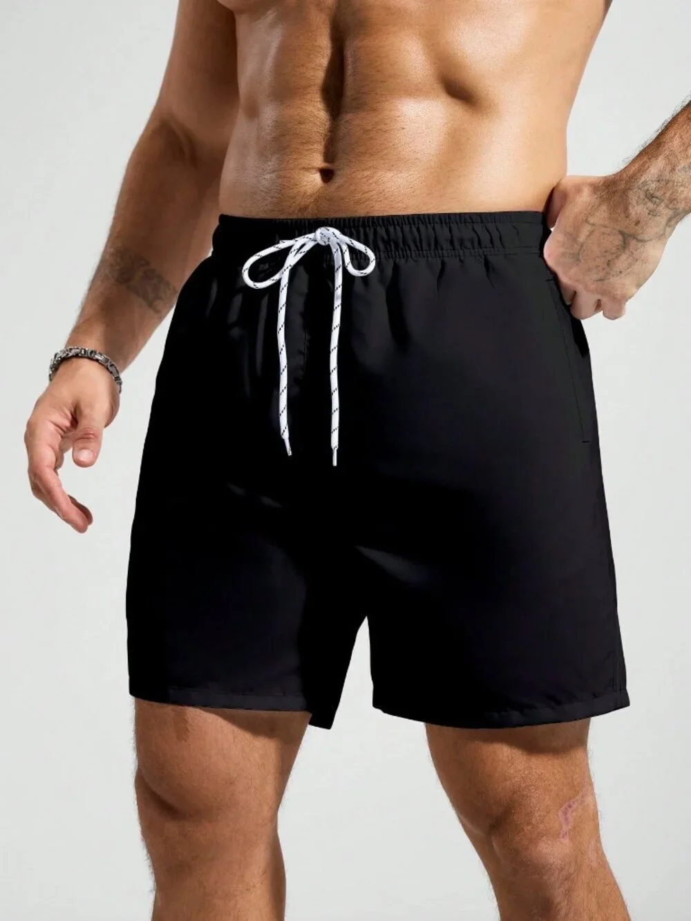 Black Sports Outdoor Men's Pocket Drawstring Waist Beach Shorts